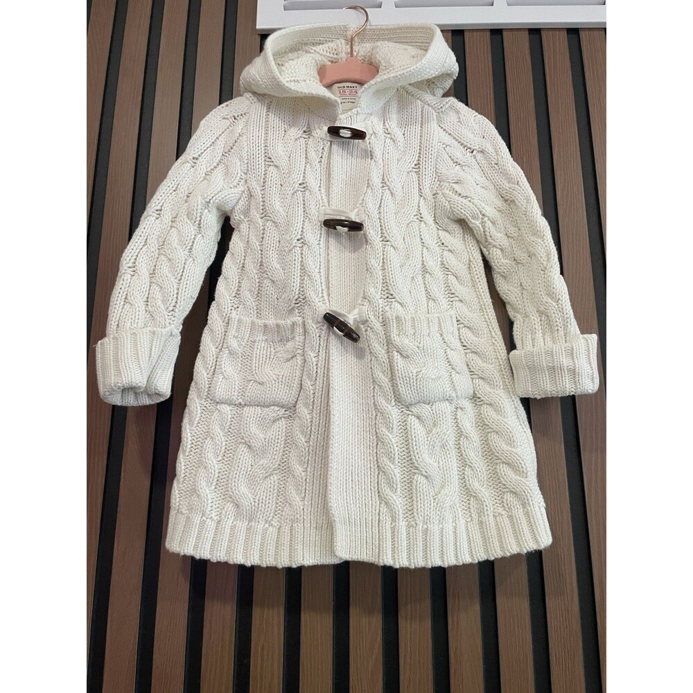Hoodie Sweater Ecru Fisherman Cable Knit Toggle Hood Cardigan Cotton 18-24 Month - Picture 3 of 8